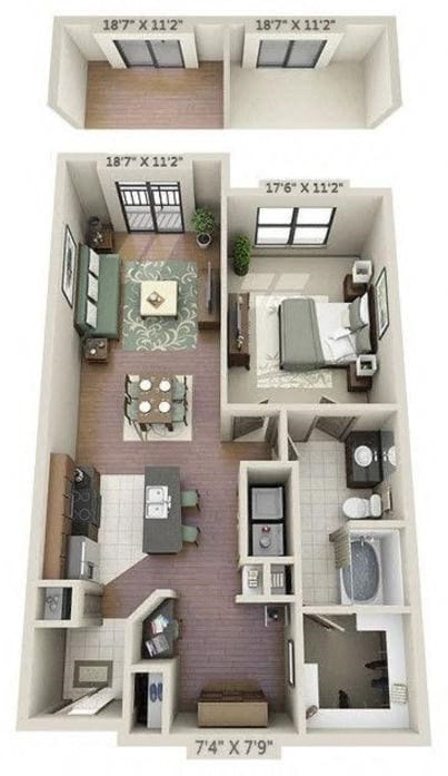 Floor plan for 1 bed, 1 bath, 939 sqft